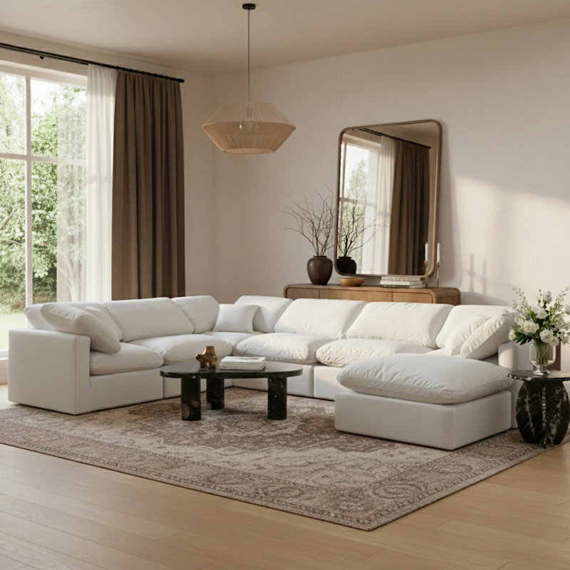 Itala Velvet U-Shaped Sectional Reversible, Cream Velvet