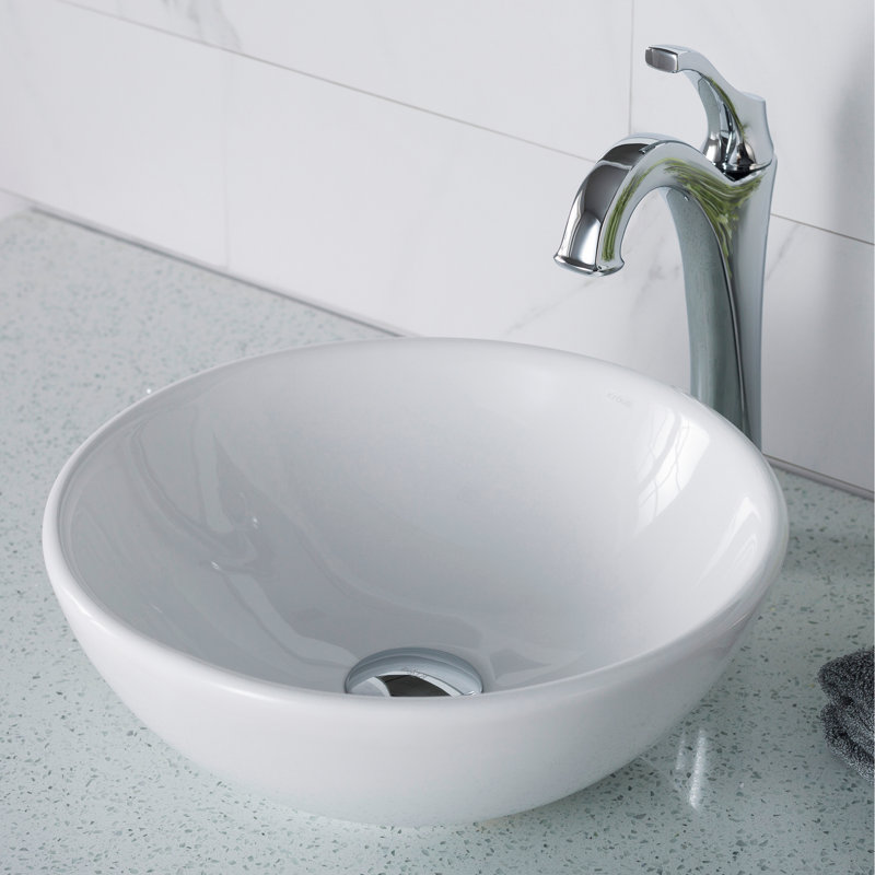 Elavo 14-inch White Ceramic Round Vessel Sink with Chrome Faucet