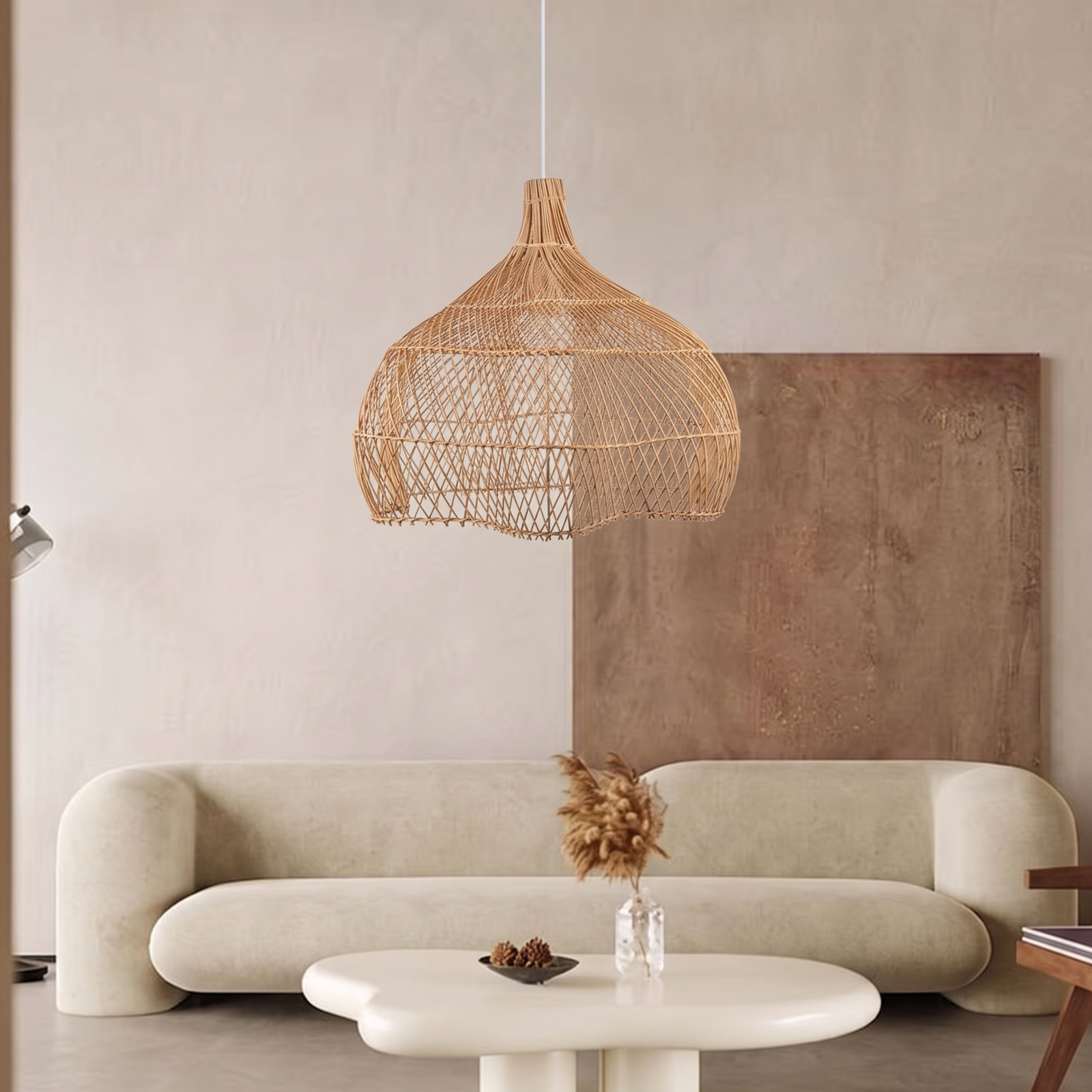 Single Light Rattan Wrought Iron Dimmable Pendant, 19.68" H x 21.65" W x 21.65" D