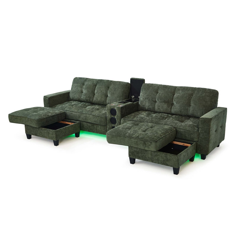 Modern Sectional Sofa with Smart Console and Bluetooth Audio, Green