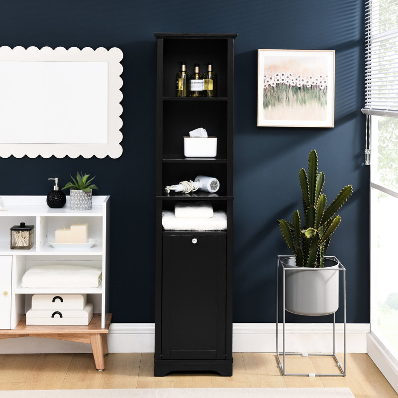 Armoire de rangement pour salle de bain - noir pour petites pièces 4 tablettes réglables et grand panier à vêtements, Noir