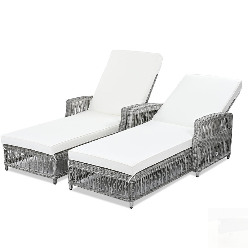 2 Pieces Long Reclining Chaise, Outdoor Wicker Lounge With Armrests, Patio Adjustable Recliner, Soft Removable Cushions, All-Weather Rattan Poolside & Garden Furniture, Beige
