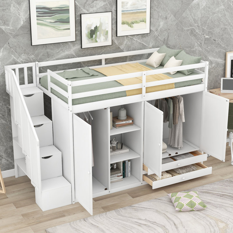 Lit mezzanine fonctionnel avec 3 tablettes, Blanc