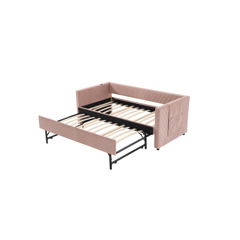 Upholstered Daybed with Trundle,USB Port ,Side Pockets, Modern V-grained backrest Design, Pink