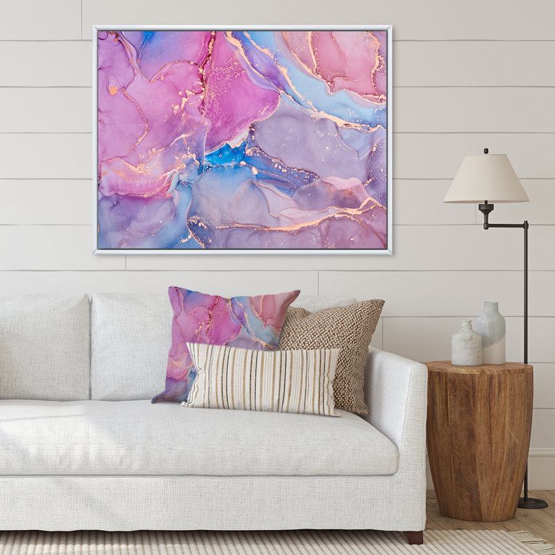 Rose et bleu liquide Art I - reproduction d'art moderne sur toile, Cadre flottant blanc, H 24 po x l 32 po