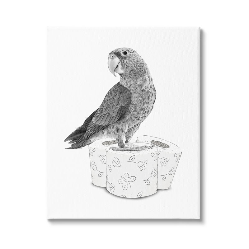 Perroquet et papier hygiénique sur toile, impression, H 20 po x l 16 po x P 1,5 po