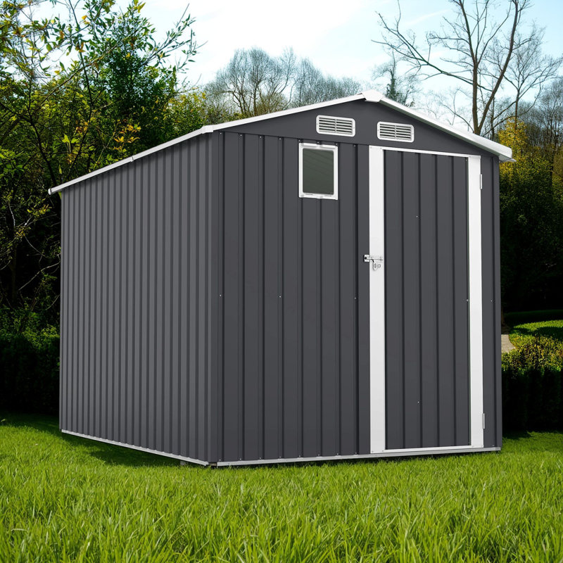 Suitable For Gardens, Backyards, And Patios. Dark Grey Steel Storage Shed With Lockable Doors. Compact Design For Storing Tools, Utilities, And Bikes.