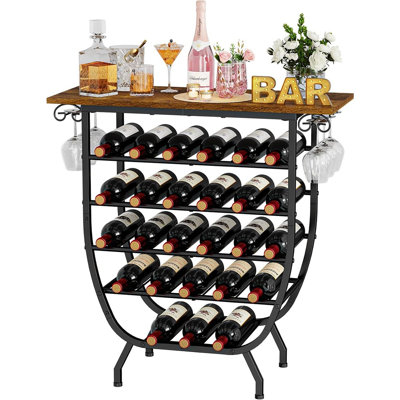 Freestanding Wine Rack with Glass Holder, 5 Tier Wine Bottle Storage Stand with Wood Top, Metal Bar Shelf for Home Bar, Kitchen and Living Room