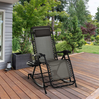 Chaises berçantes d'extérieur, chaise berçante inclinable et inclinable pliable avec coussin, porte-gobelet et téléphone, conception combinée avec pieds pliants, gris