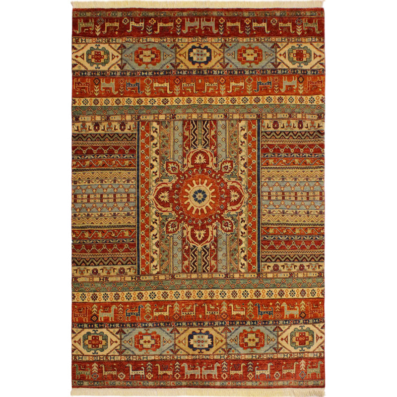 Tapis rouge / beige en laine noué à la main à motif oriental 5 pi 7 po x 7 pi 9 po Lovorko
