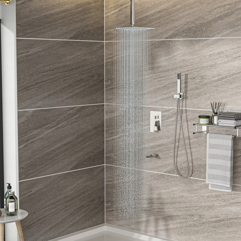 Shower System With Waterfall Tub Spout - 12 Inch Ceiling Mount Square Brushed Nickel 3 Function, Rainfall & Handheld Valve And Convenient Installation Clean Prompt