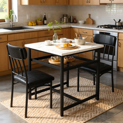Square Dining Table Set For 2, Small Bistro Table With 2 Upholstered Chairs, 3-Piece Kitchen Table And Chairs Set With Built-In Storage Rack For Small by Ebern Designs