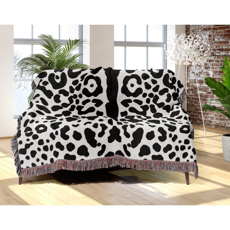 Jeté en coton Cheetah, Blanc cassé; noir, 60 po x 80 po