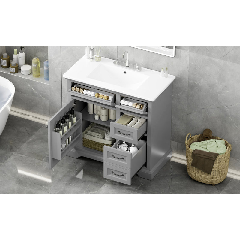 [Vidéo] Meuble-lavabo de 36 po avec lavabo, lavabo en céramique, 2 tiroirs rabattables, charnières de porte à fermeture en douceur, gris clair (autre couleur: N759P223021)