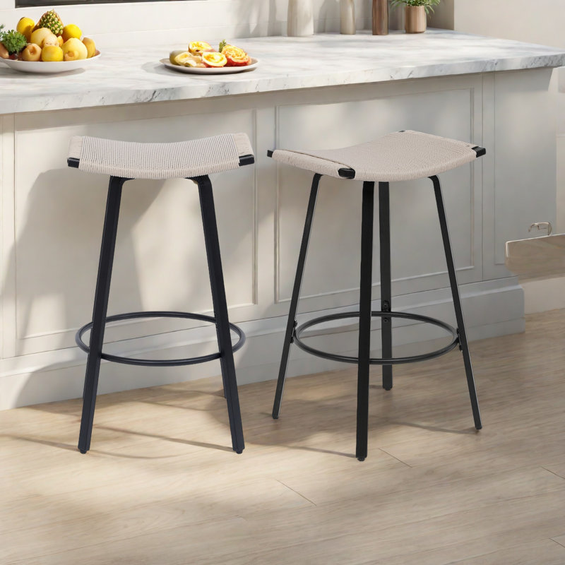 Counter Height Backless Bar Stools With Handwoven Pvc Seat And Metal Frame, Set Of 2