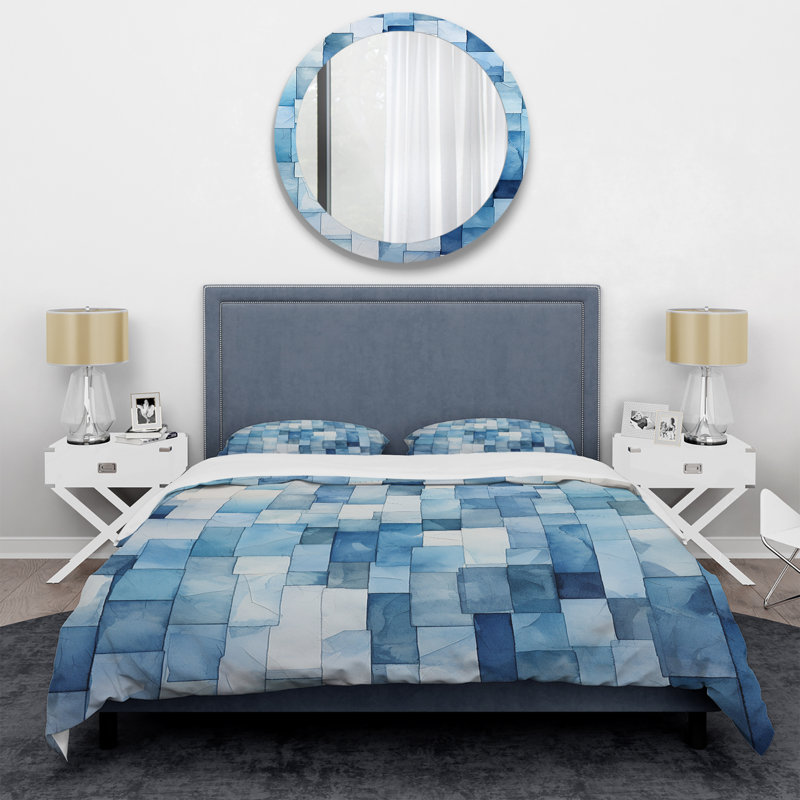Ensemble de housse de couette blanc et bleu à motif de carreaux scandinaves VI - Abstract