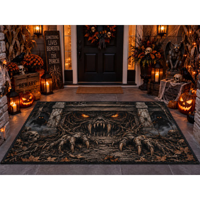 Tapis d'extérieur Halloween 152 x 213 cm, Monstre aux crocs sous les racines, Tapis bouclé en PVC épais, imperméable et résistant, Séchage rapide, idéal pour porche, terrasse, balcon et entrée