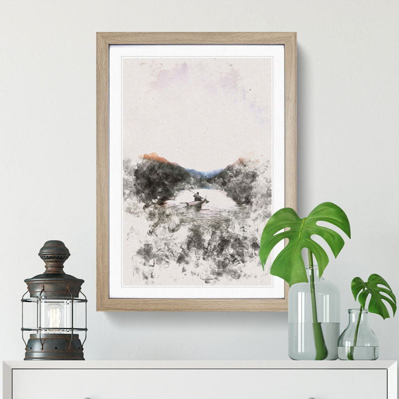 Kayaking Through the Mountains - Picture Frame Painting Print, Oak Framed, 33cm H x 24cm W x 2cm D