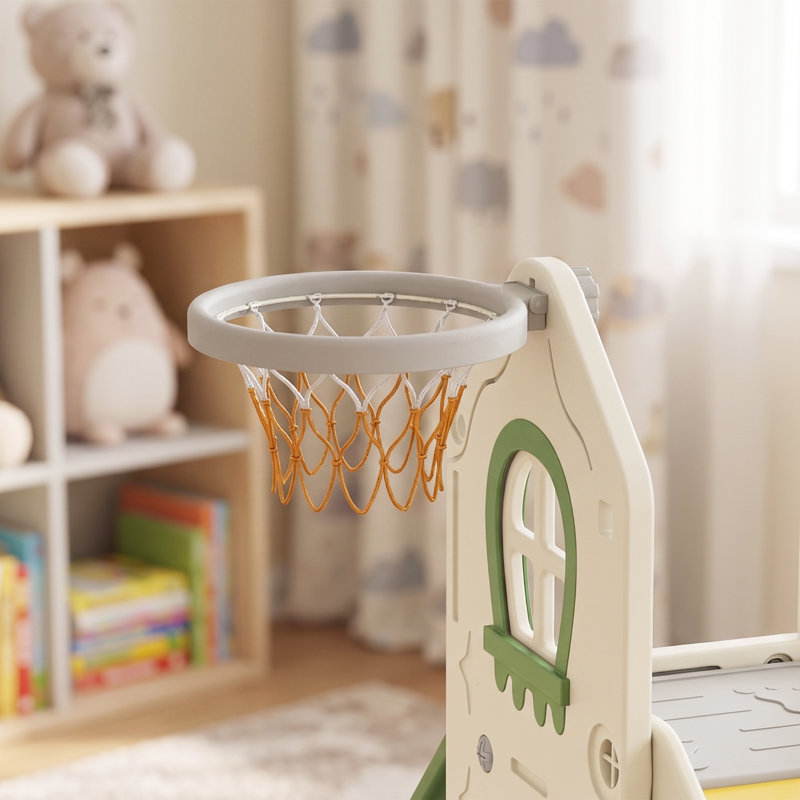 AIYAPLAY Foldable 5 in 1 Kids Slide with Climber and Basketball Hoop, Cream
