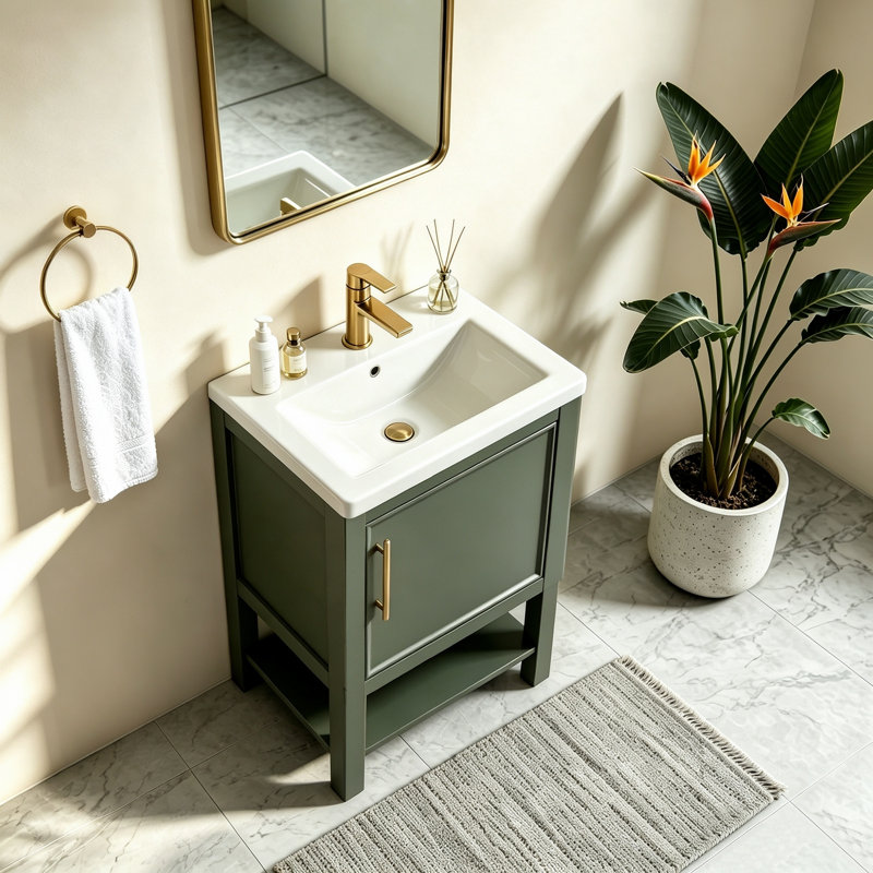 Meuble-lavabo sur pied vert sauge foncé vintage de 20 pouces avec lavabo en céramique pour petite salle de bain