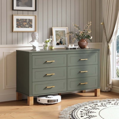 Commode double à 6 tiroirs, armoire de rangement moderne avec poignées en métal et pieds en bois massif, organisateur de tiroir pour chambre d'enfant, commode en bois robuste avec préinstallé