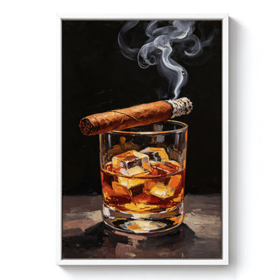 Whiskey Glass and Cigar, Framed Canvas Wall Art, White Frame, 16 x 24 Inch