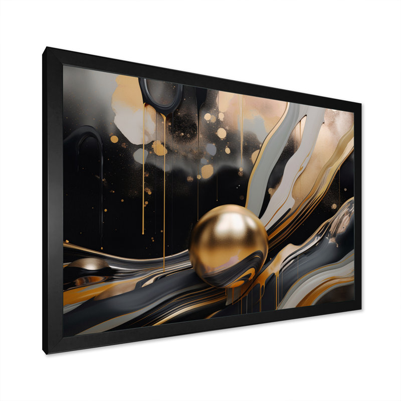 Marbre doré et noir Euphoria II - art mural abstrait en marbre, Cadre simple noir, H 12 po x l 20 po x P 1 po