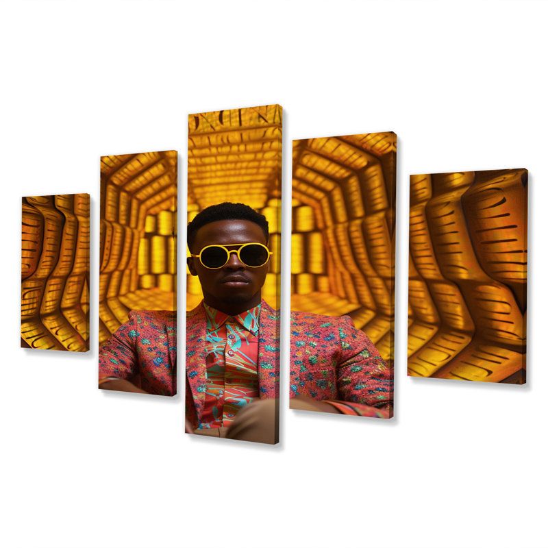 Matrice dorée de rappeur afro-américain - décoration murale homme - 5 panneaux