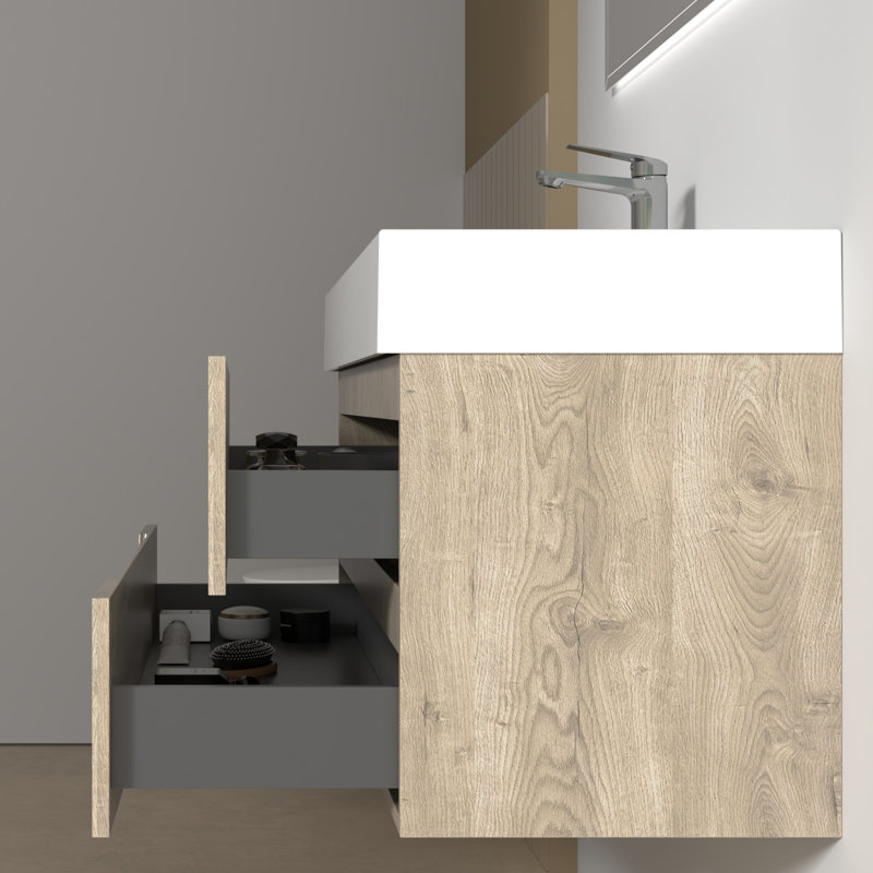 Ensemble de meuble-lavabo mural 48 po avec plateau en pierre blanche et 2 tiroirs modernes pour petite salle de bain, 48"