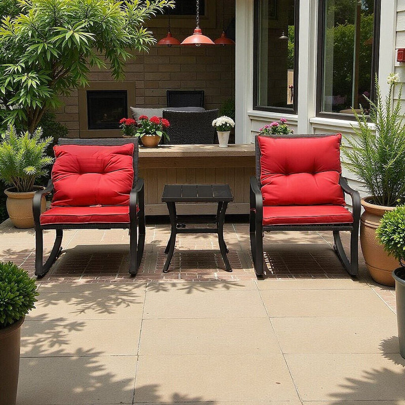 Ensemble de conversation avec chaises berçantes d'extérieur 2 pièces UnaLuz avec coussins et table basse, Rouge