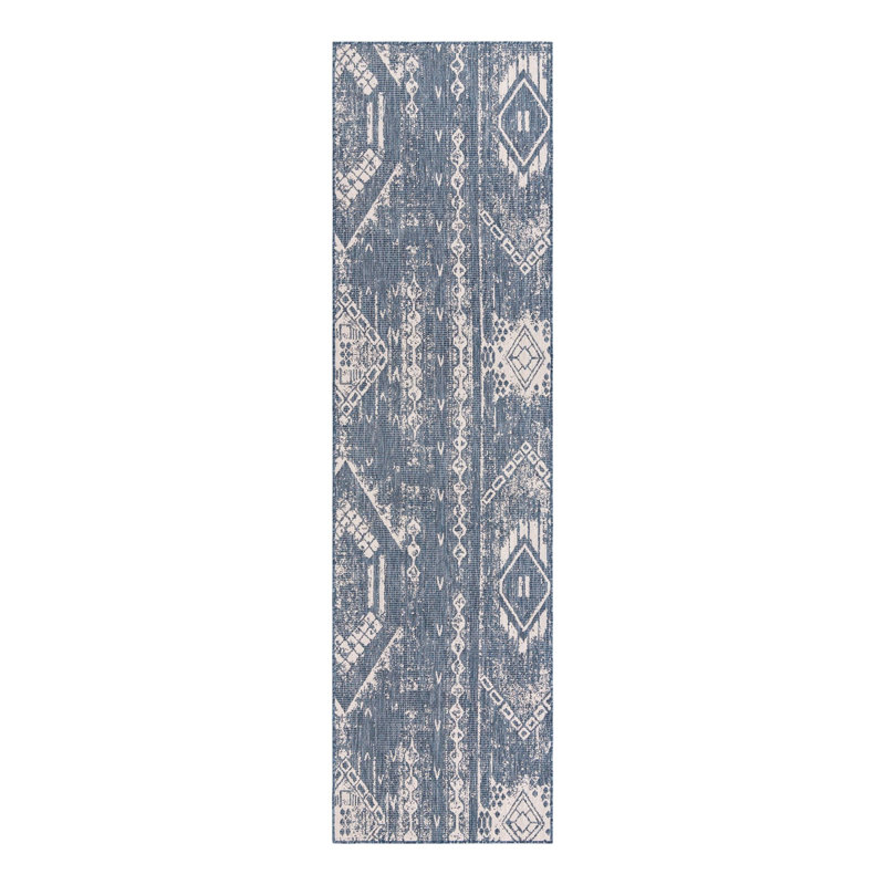 Bonnetta Geometric Machine Woven Polypropylene Indoor / Outdoor Area Rug in Blue/Ivory, Runner 3'3" x 12'