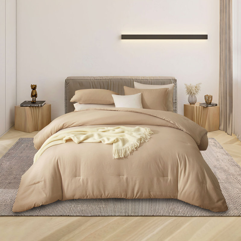 3-Piece 90g Lightweight All-season Microfiber Comforter Set, Full Comforter + 2 Standard Shams, Khaki
