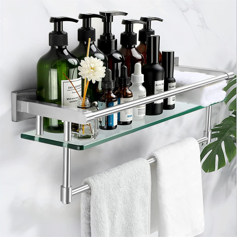 Glass Floating Shelf with Towel Bar, Silver