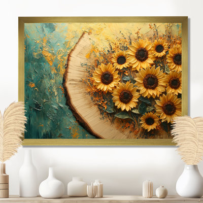 Jardin de tournesols Domien à la grange sur glissade en bois I - Art mural tournesols