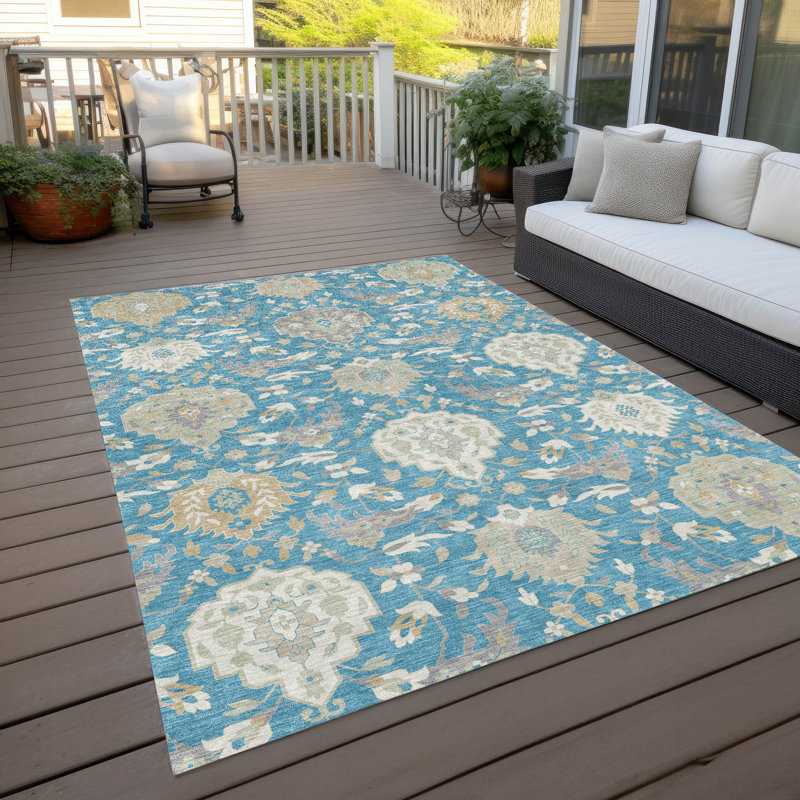 Tapis bleu sarcelle lavable intérieur / extérieur Ilyara , 9 pi x 12 pi