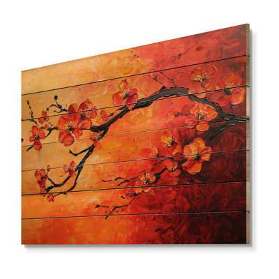 Coucher de soleil aux couleurs de la fleur de pommier IV - reproduction traditionnelle de bois rouge sur bois de pin naturel