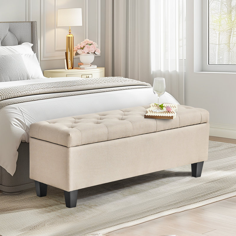 Jalob 42'' W Storage Ottoman Bench, End of Bed Storage Bench, Button Tufted Fabric Storage Ottoman, Solid Wood Leg, Safety Hinge, 330 LBS Load, Ottoman with Storage for Bedroom Living Room Entryway