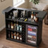 Armoire de bar 63 po avec réfrigérateur noir inclus, mini-bar avec prises de courant et support à vin, noir