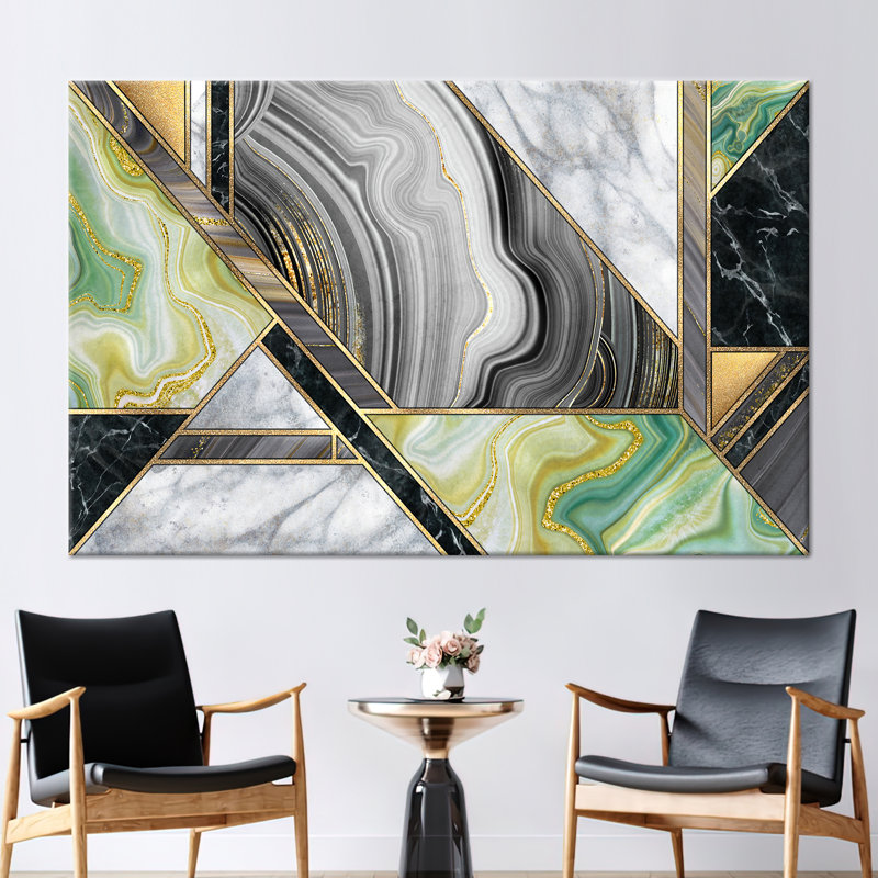 Art abstrait sur toile à l'encre abstraite alcoolisée en gris et vert - affiche murale décorative moderne en marbre scintillant