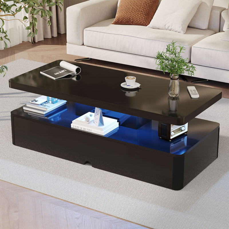 Table basse moderne à haute brillance avec lumière DEL, table de cocktail lumineuse à double couche pour le salon Petit décor à la maison