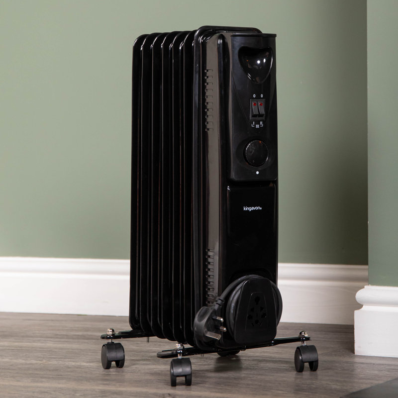 1500W 1.5Kw 7 Fin Slimline Black Oil Filled Radiator Heater On Wheels