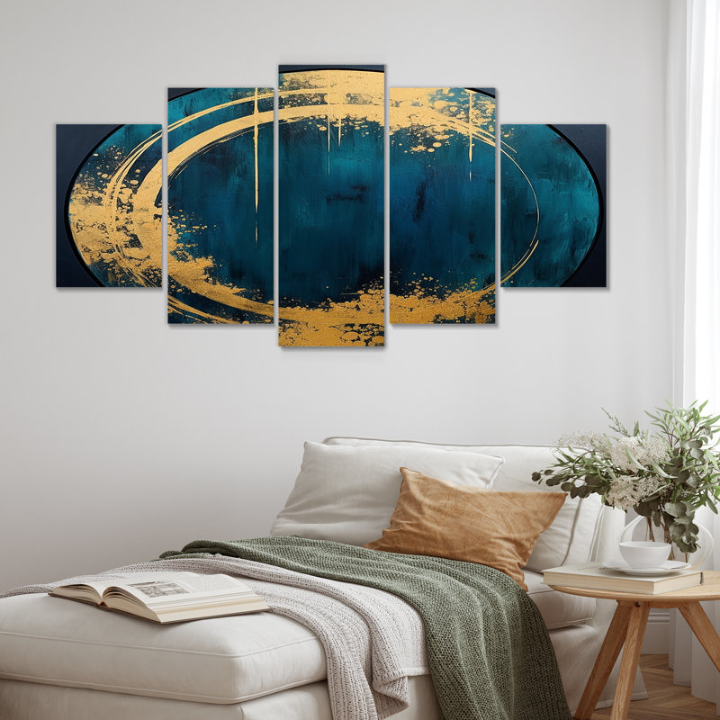 Pleine lune, gloire, bleu marine, bleu, art mural 5 pièces, H 32 po x l 60 po