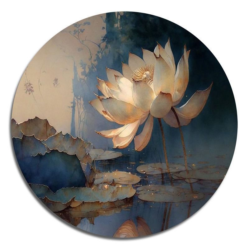 Blanc rétro lotus à l'aube - art floral rond en métal, H 36 po x l 36 po