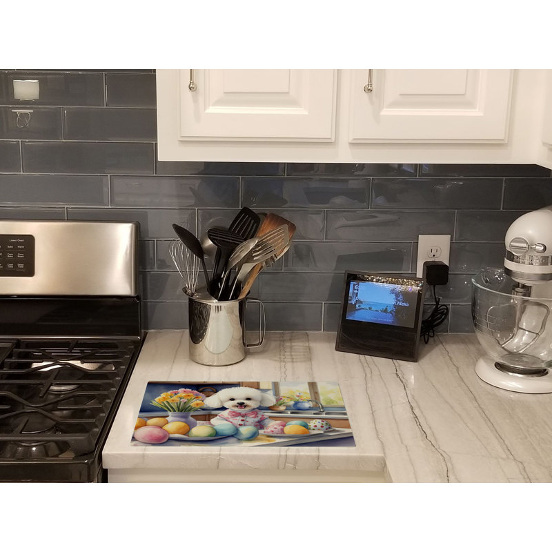 Decorating Easter Bichon Frise Glass Cutting Board