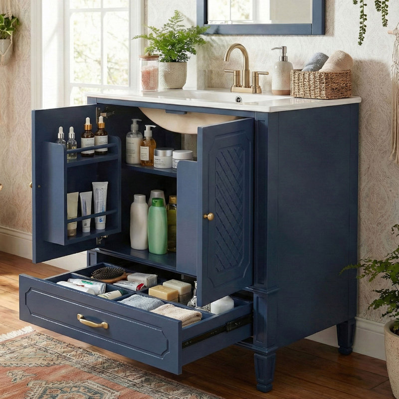 Meuble-lavabo avec lavabo en céramique, armoire en bois massif et MDF, porte à fermeture amortie, tablette réglable et séparateur de tiroir amovible.