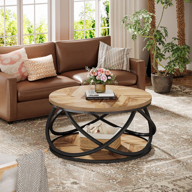 31.5" Round Coffee Table With Storage Shelves, 2-Tier Rustic Circle Center Table With Sturdy Metal Frame For Living Room, Small Space, Brown