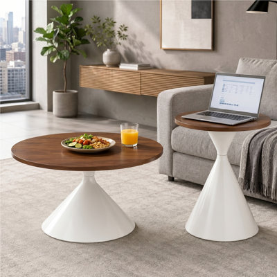 2-piece coffee round table set, walnut patterned tabletop with steel base, multifunctional fashionable coffee table (white+walnut)