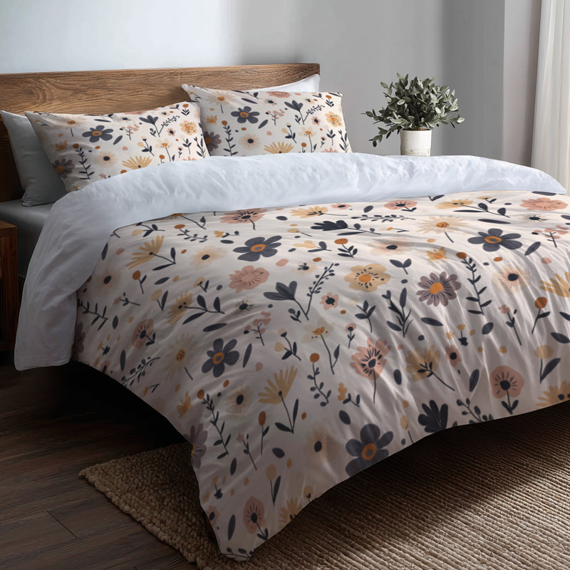 Ensemble de housse de couette moderne 3 pièces - Ensemble de housse de couette et coussin décoratif à motif floral bleu