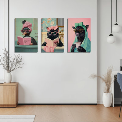 Duck Cat And Panther Reading Books In Bathtub Canvas Wrapped Wall Art Oil Painting Print Set Of 3