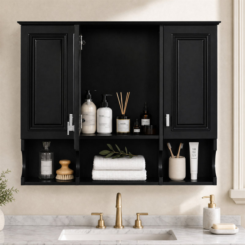 Armoire à pharmacie murale de 89 cm (35 po) avec miroir et tablettes de rangement, noire, Noir